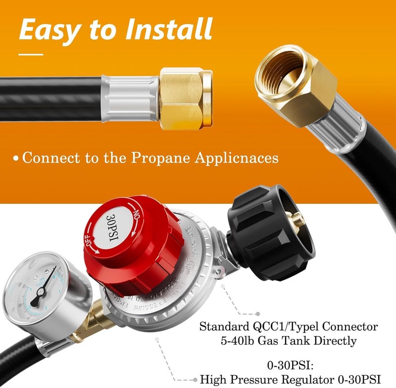 NUPICK 6FT 0-30 PSI Adjustable High Pressure Propane Regulator with 0~60PSI Gauge Gas Flow Indicator，Propane Regulator with Hose for LP Gas Cooker, Burner, Turkey Fryer, Smoker - Image 3